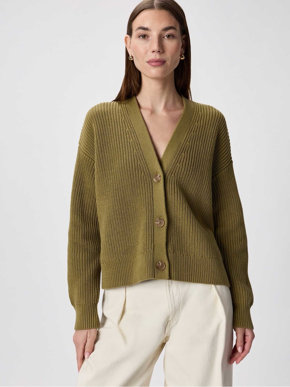 Quince 100% Organic Cotton Fisherman Boxy Cropped Cardigan in Herb Green Size S